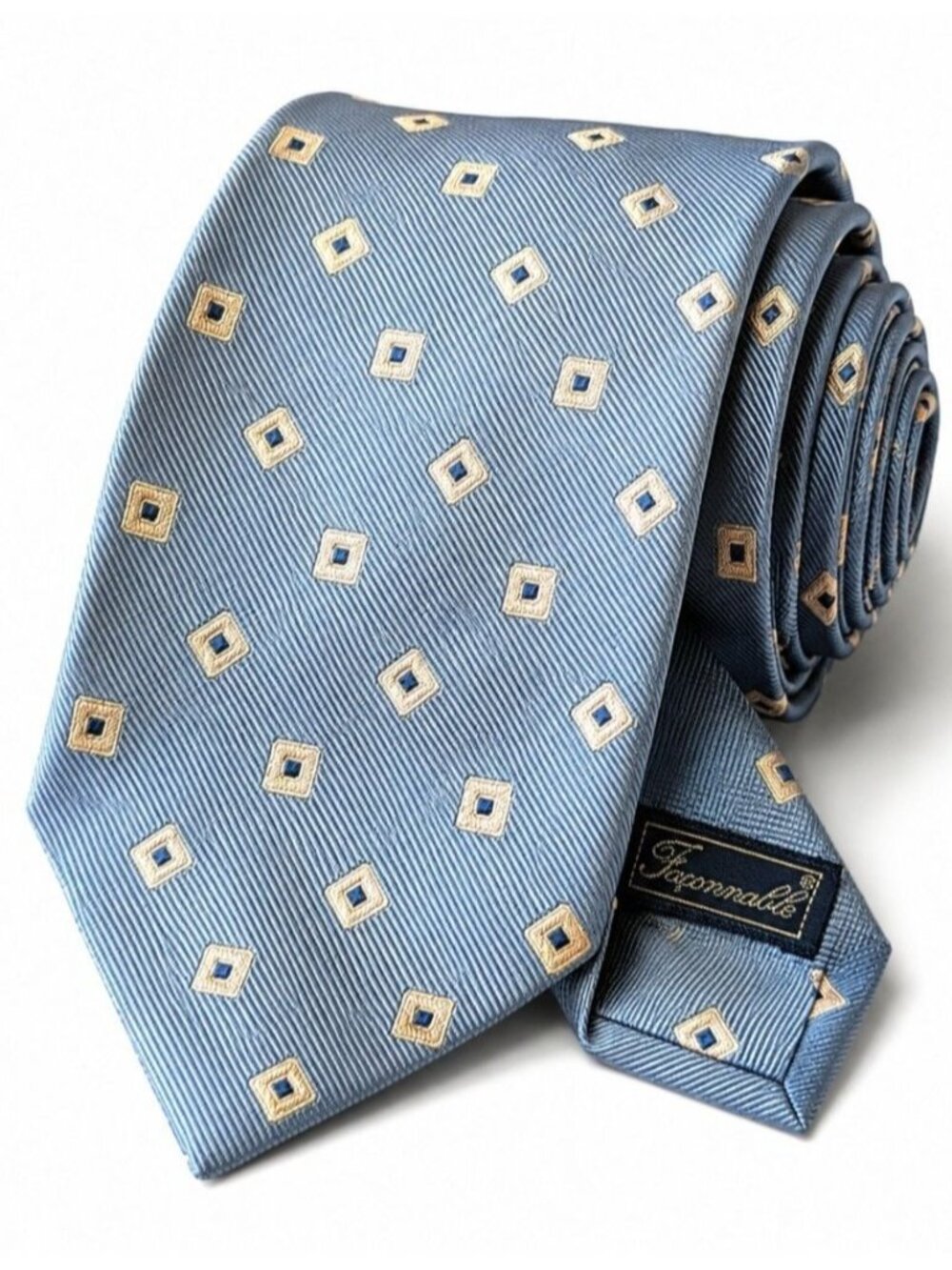 Façonnable Silk Tie Blue Geometric Square Pattern Handmade Made In France